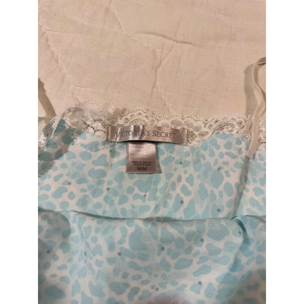 Victorias Secret Blue Leopard Satin Lace Trim Slip Dress Med Rhinestone Nighty